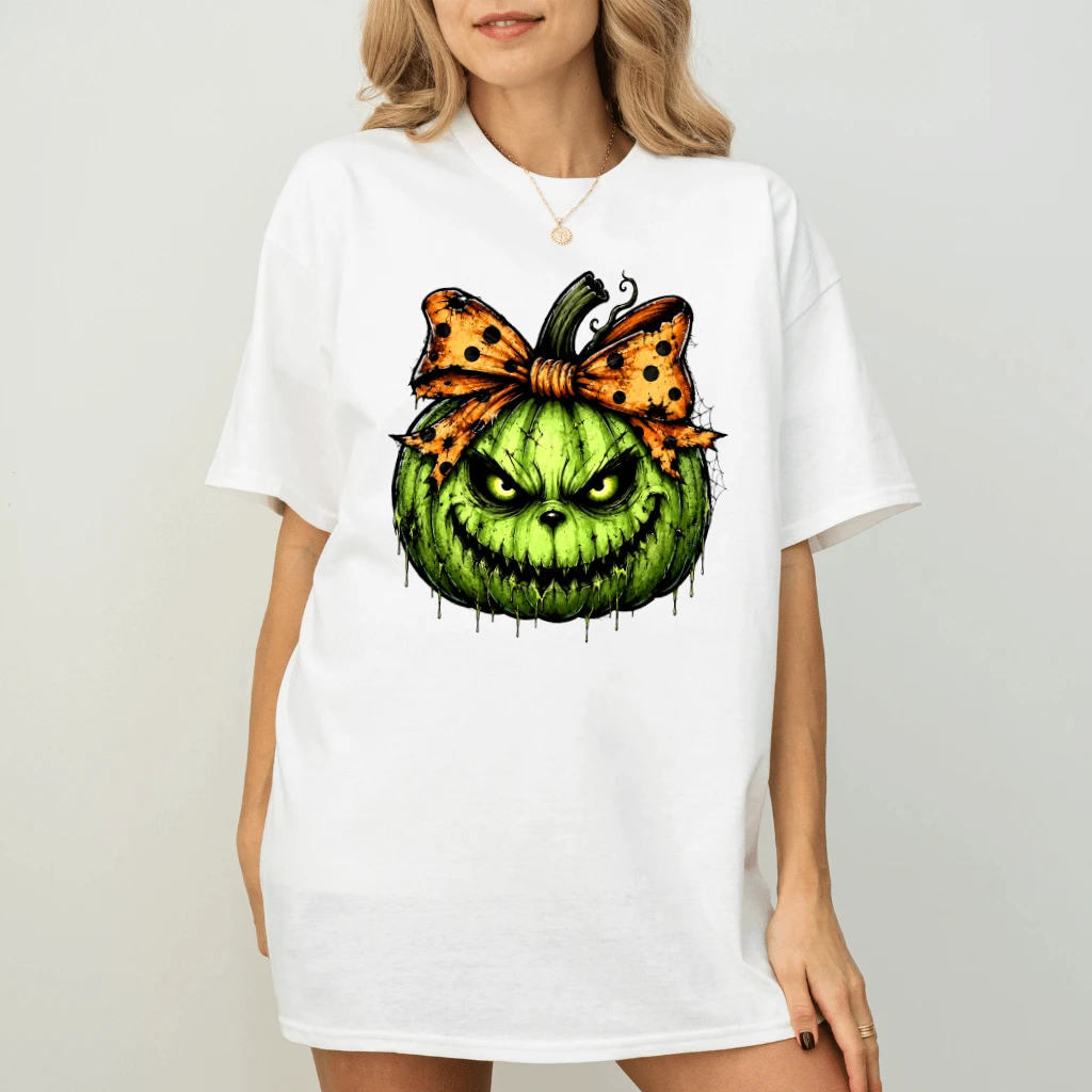 Coquette Bow Spooky Green Pumpkin T-shirt| Creepy Halloween Pumpkin Gift for Her - detail view