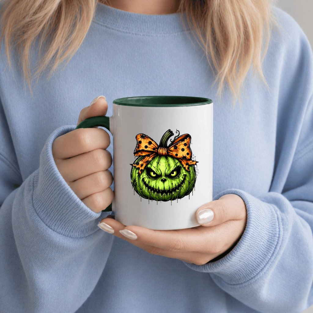 Coquette Bow Spooky Green Pumpkin Accent Mug| Creepy Halloween Pumpkin Gift for Her - back view
