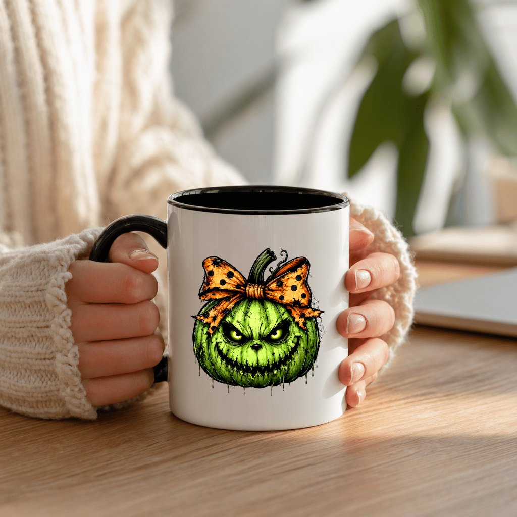 Coquette Bow Spooky Green Pumpkin Accent Mug| Creepy Halloween Pumpkin Gift for Her - detail view