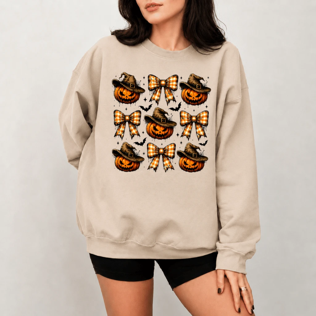 Spooky Witch Hat Pumpkin Bow Sweatshirt| Gothic Halloween Gift for Her - back view