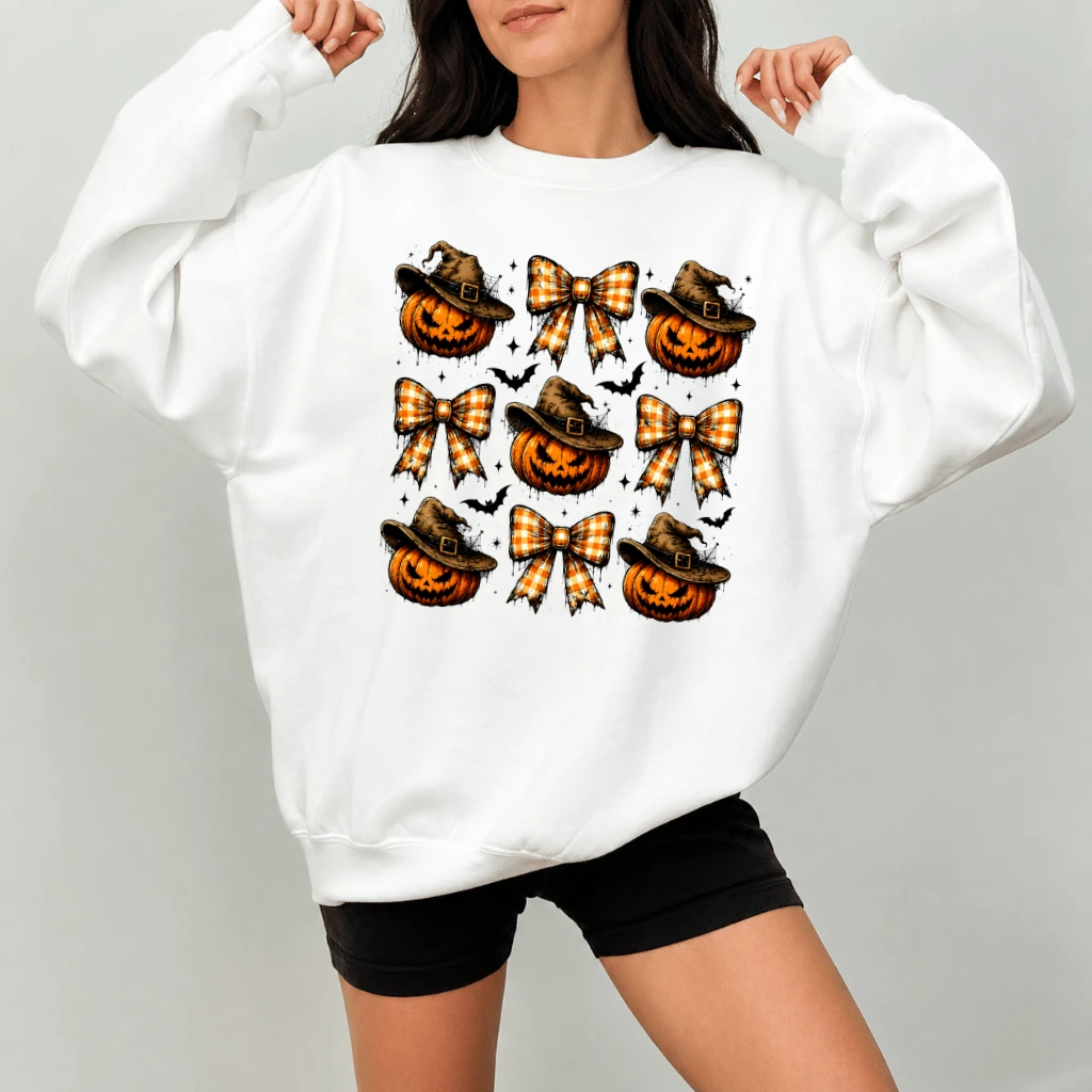 Spooky Witch Hat Pumpkin Bow Sweatshirt| Gothic Halloween Gift for Her - detail view