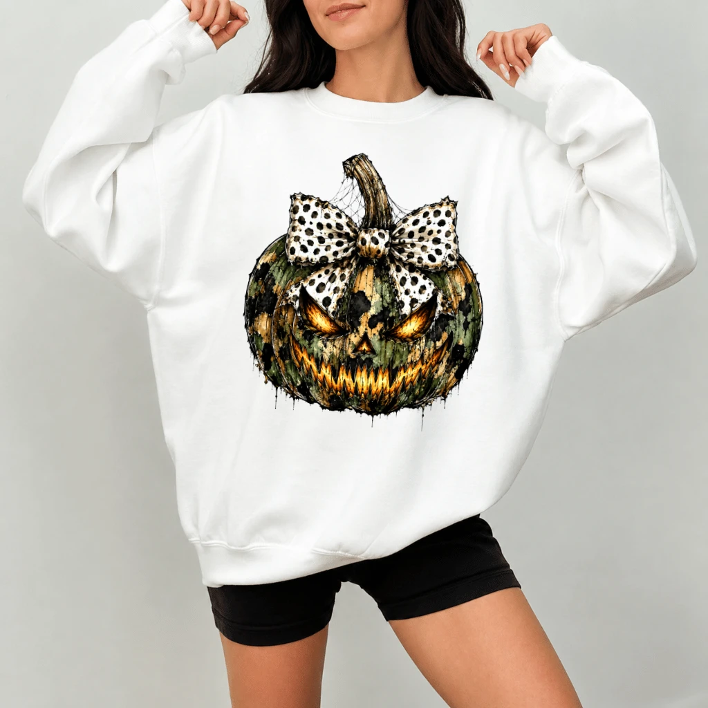 Spooky Leopard Pumpkin Face Sweatshirt| Creepy Jack O Lantern Halloween Gift for Her - back view