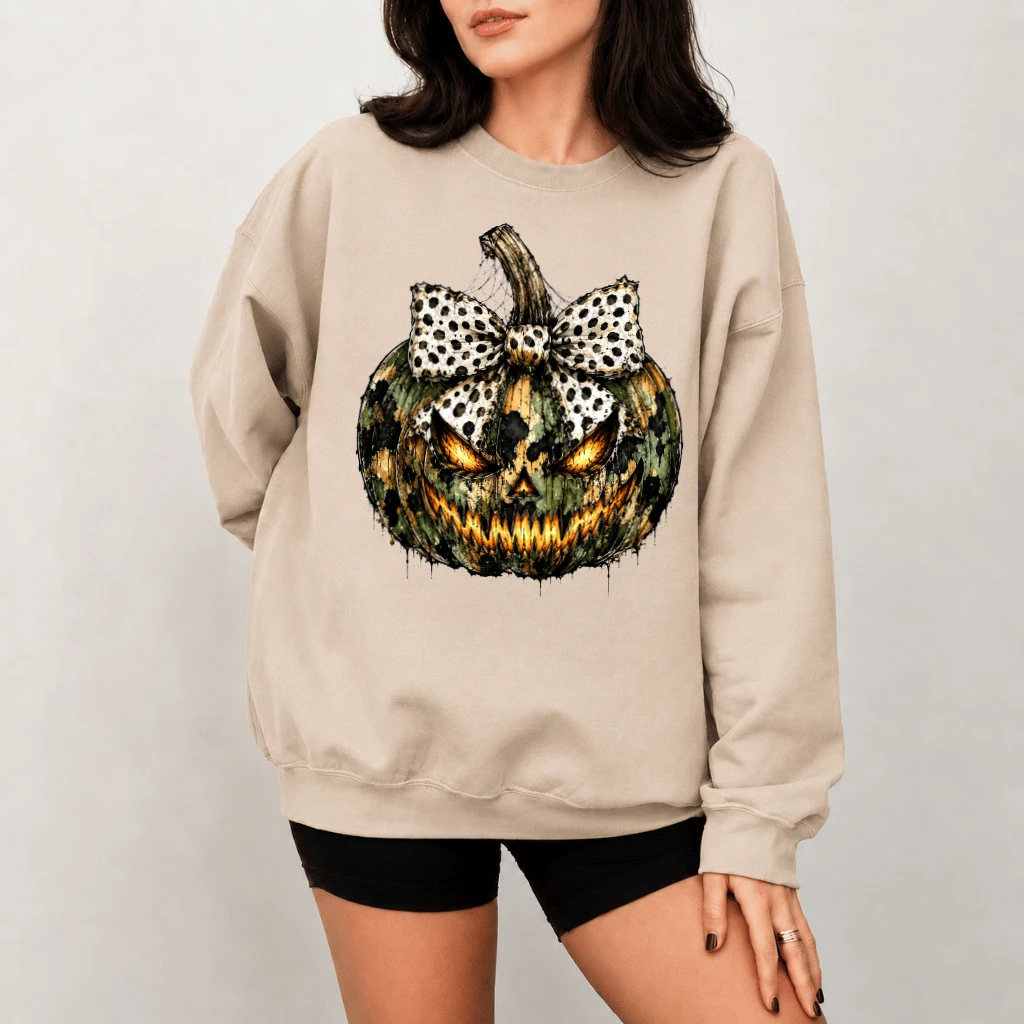 Spooky Leopard Pumpkin Face Sweatshirt| Creepy Jack O Lantern Halloween Gift for Her - detail view