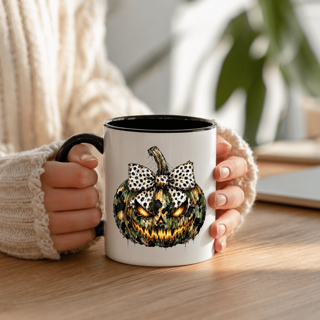 Spooky Leopard Pumpkin Face Accent Mug| Creepy Jack O Lantern Halloween Gift for Her - back view