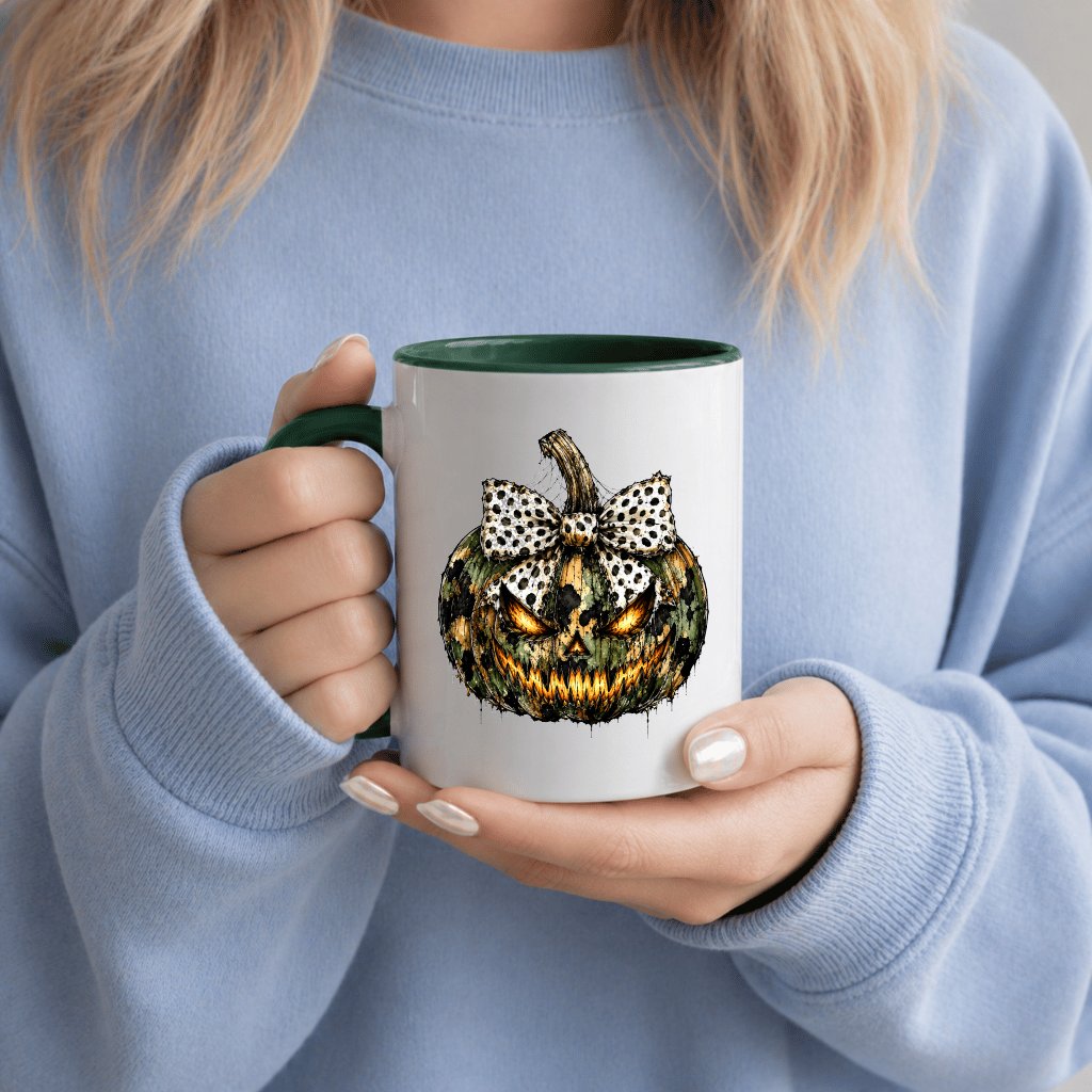 Spooky Leopard Pumpkin Face Accent Mug| Creepy Jack O Lantern Halloween Gift for Her - detail view