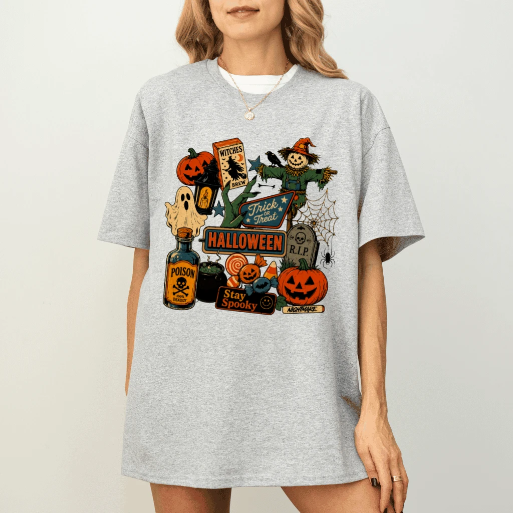 Vintage Pumpkin Ghost Scarecrow Halloween T-Shirt| Spooky Halloween Gift for men women - detail view