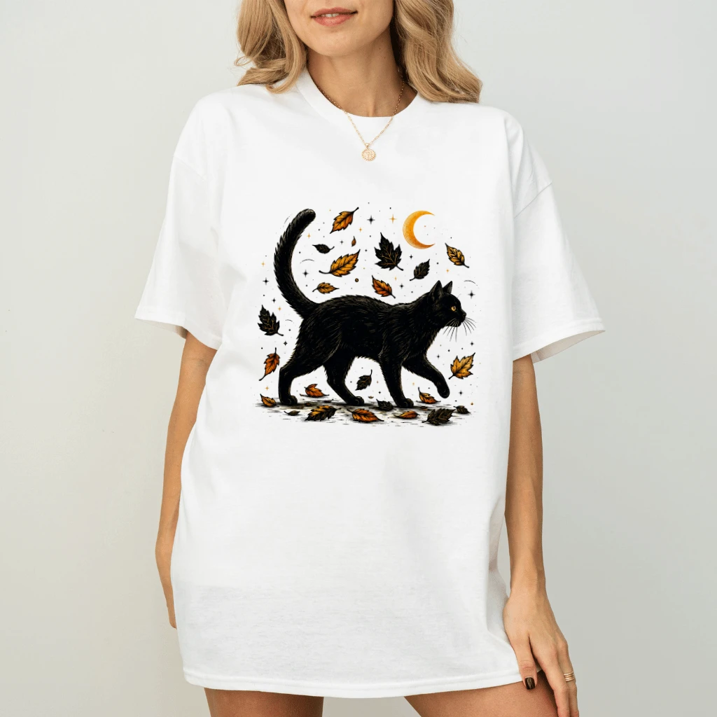 Vintage Autumn Moon Black Cat Halloween T-shirt| Halloween Gift for Witchy Cat Lovers - back view