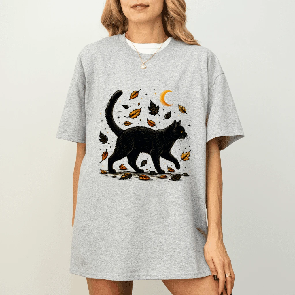 Vintage Autumn Moon Black Cat Halloween T-shirt| Halloween Gift for Witchy Cat Lovers - detail view