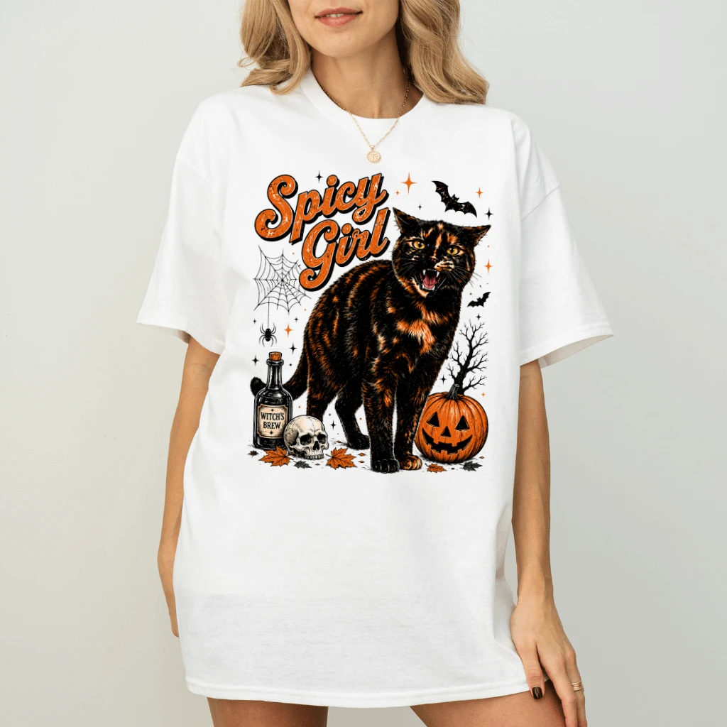 Vintage Spicy Girl Black Cat Halloween T-shirt| Spooky Halloween Gift for Cat Lovers - back view