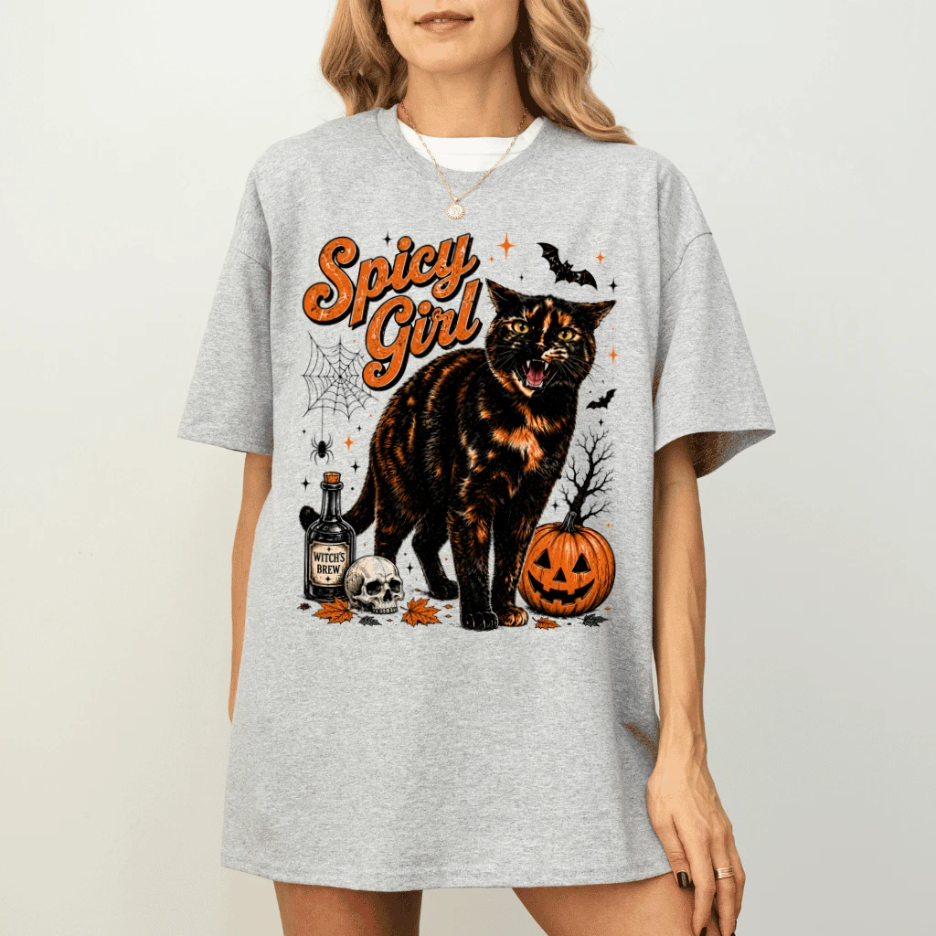 Vintage Spicy Girl Black Cat Halloween T-shirt| Spooky Halloween Gift for Cat Lovers - detail view