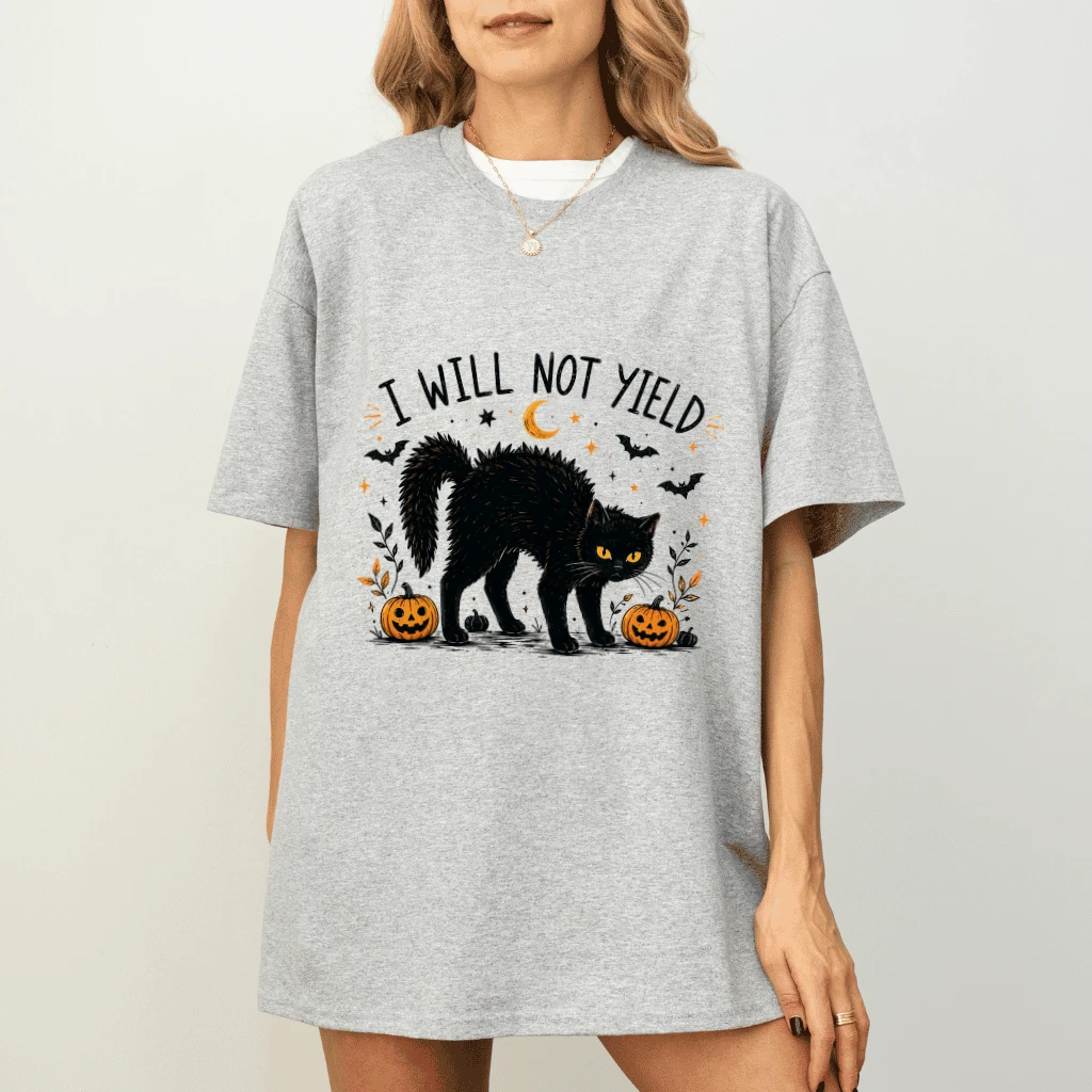 I Will Not Yield Black Cat Halloween T-shirt| Spooky Halloween Gift for Cat Lovers - detail view