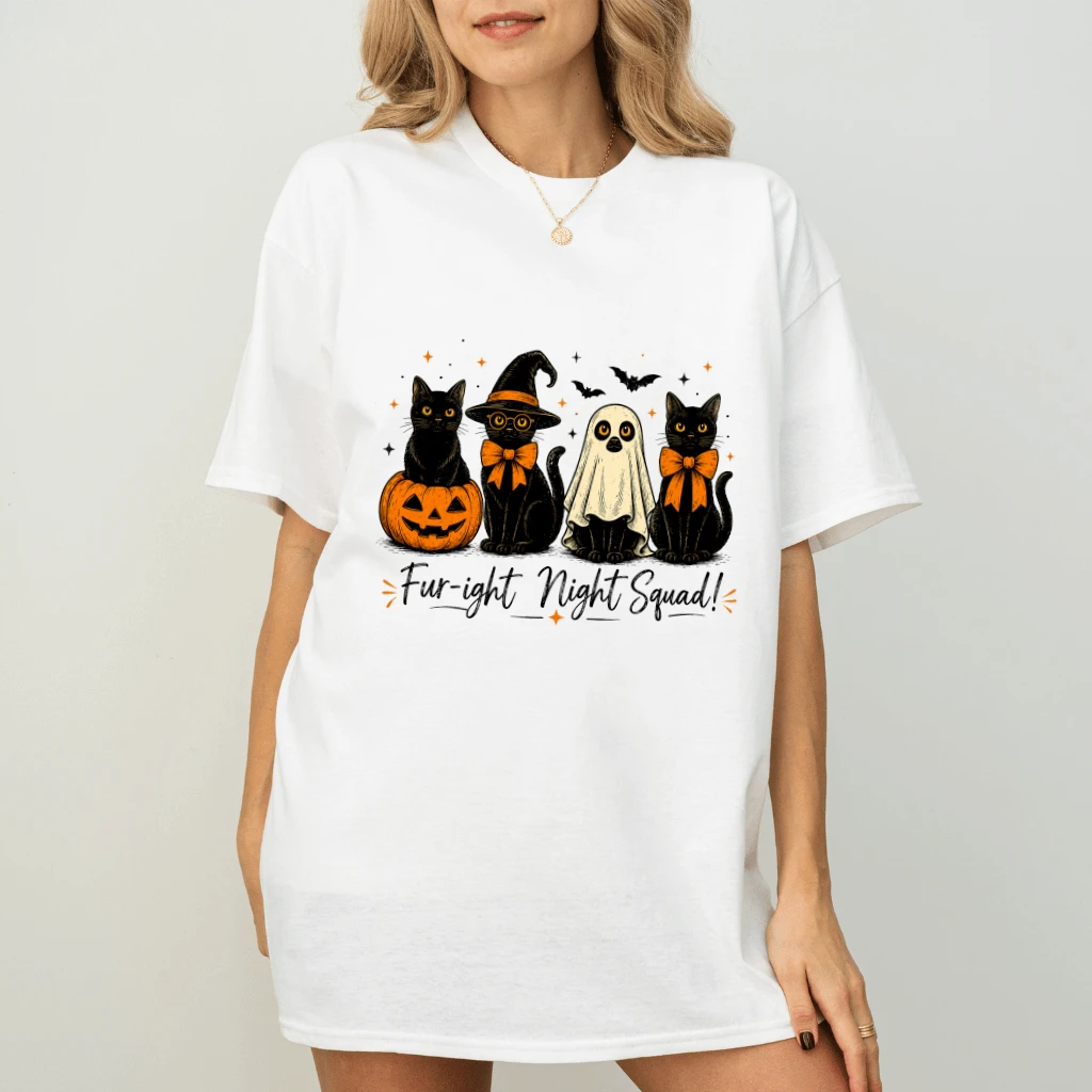 Fur-right Night Squad Black Cat Ghost Halloween T-shirt| Cute Halloween Gift for Her - back view