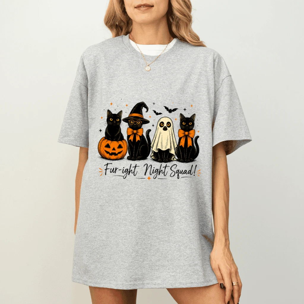 Fur-right Night Squad Black Cat Ghost Halloween T-shirt| Cute Halloween Gift for Her - detail view