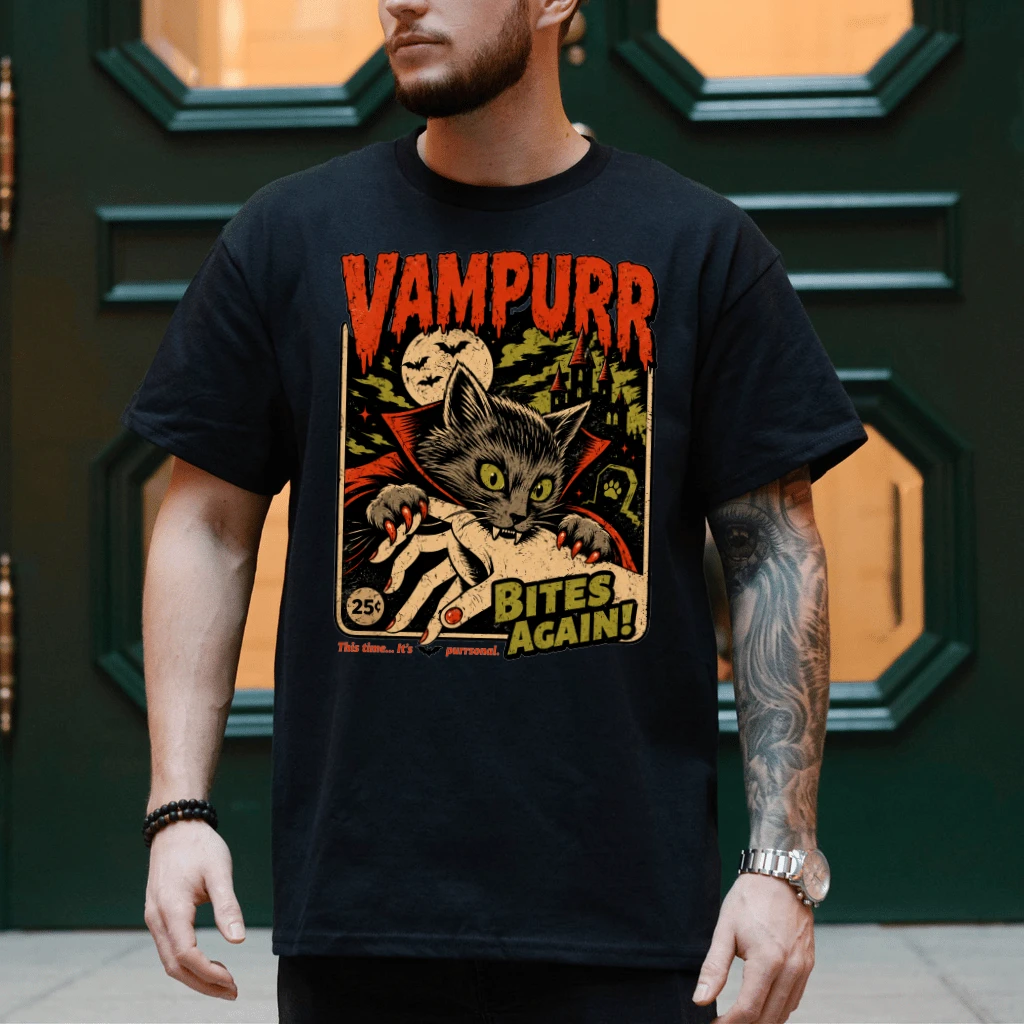 Vampurr Bites Again Black Cat Vampire Halloween T-shirt| Halloween Gift for Horror Movie Lovers - back view