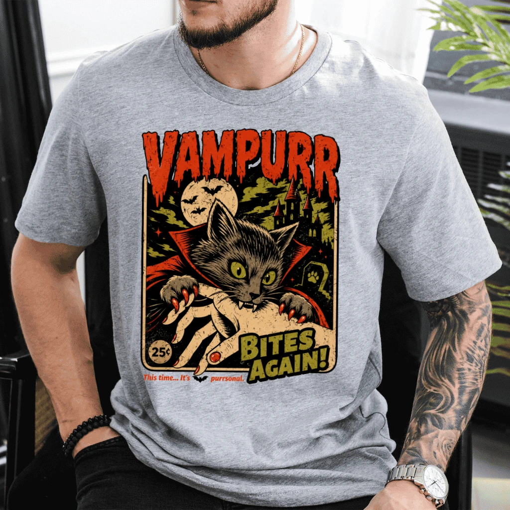 Vampurr Bites Again Black Cat Vampire Halloween T-shirt| Halloween Gift for Horror Movie Lovers - detail view