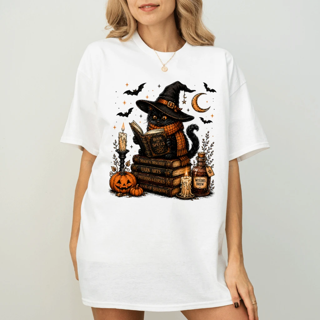 Vintage Witchy Cat Reading Spell Book Halloween T-shirt| Magic Halloween Gift for Black Cat Lovers - back view