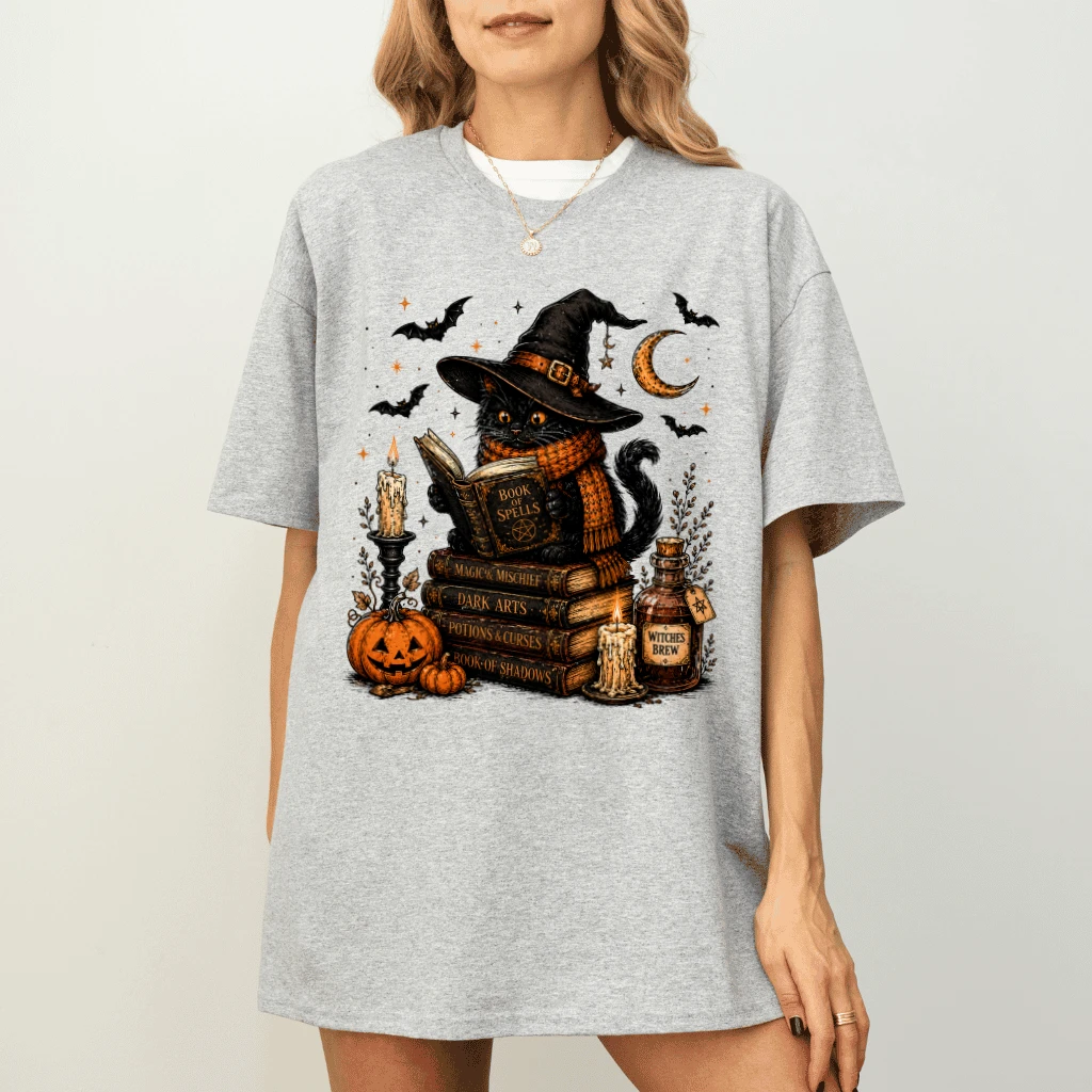 Vintage Witchy Cat Reading Spell Book Halloween T-shirt| Magic Halloween Gift for Black Cat Lovers - detail view