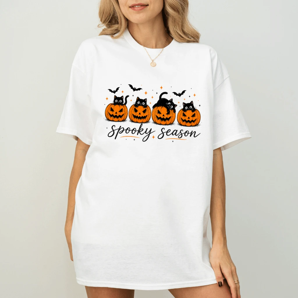 Spooky Season Black Cat Pumpkin Halloween T-shirt| Cute Halloween Gift for Her - back view