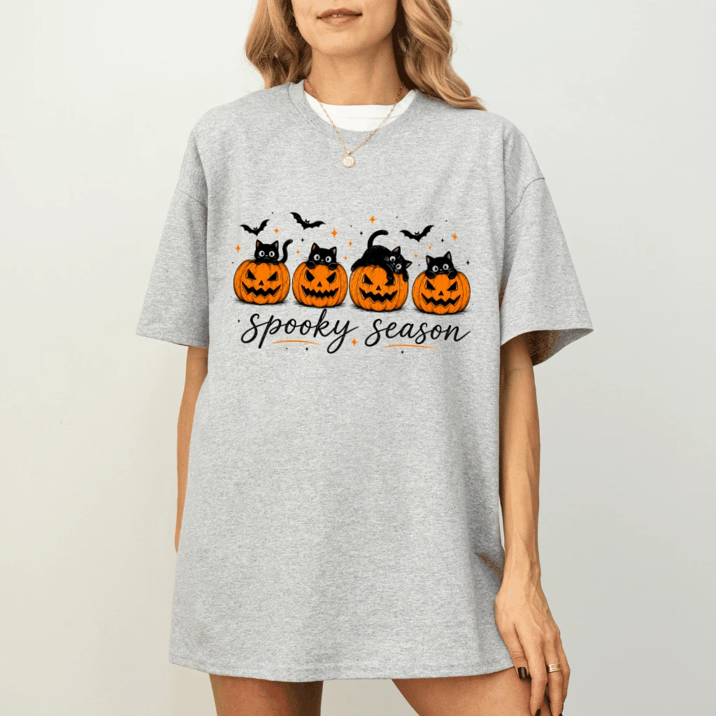 Spooky Season Black Cat Pumpkin Halloween T-shirt| Cute Halloween Gift for Her - detail view