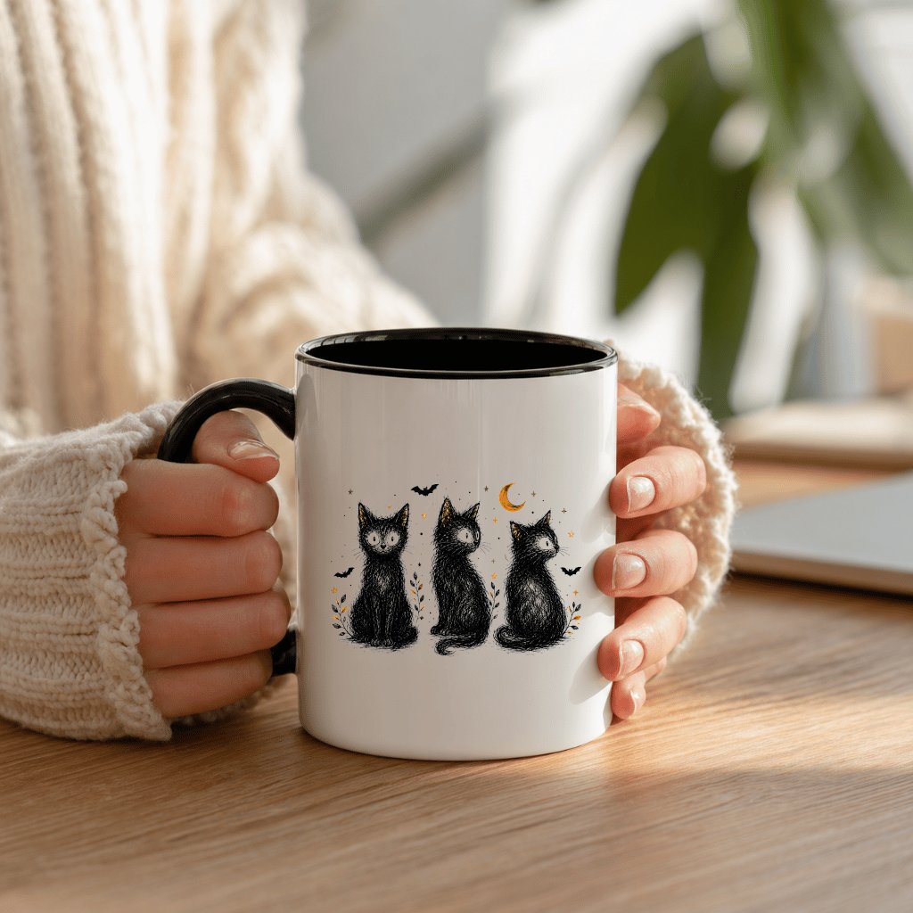 Vintage Witchy Black Cat Halloween Accent Mug| Spooky Season Gift for Cat Lover - back view