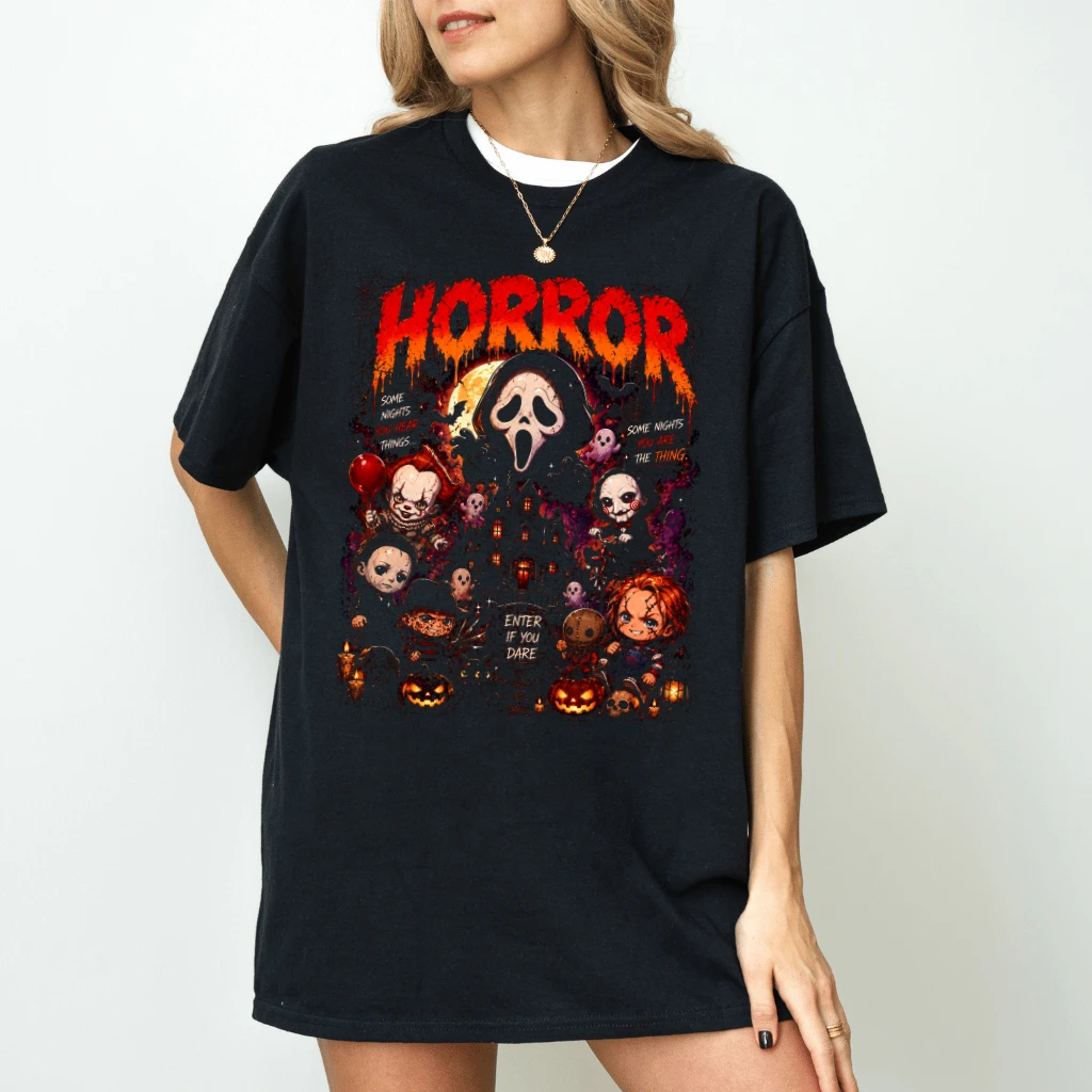 Chibi Horror Characters Halloween T-shirt| Cute Spooky Halloween Gift for Horror Movie Fan - back view