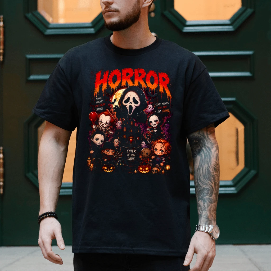 Chibi Horror Characters Halloween T-shirt| Cute Spooky Halloween Gift for Horror Movie Fan - detail view