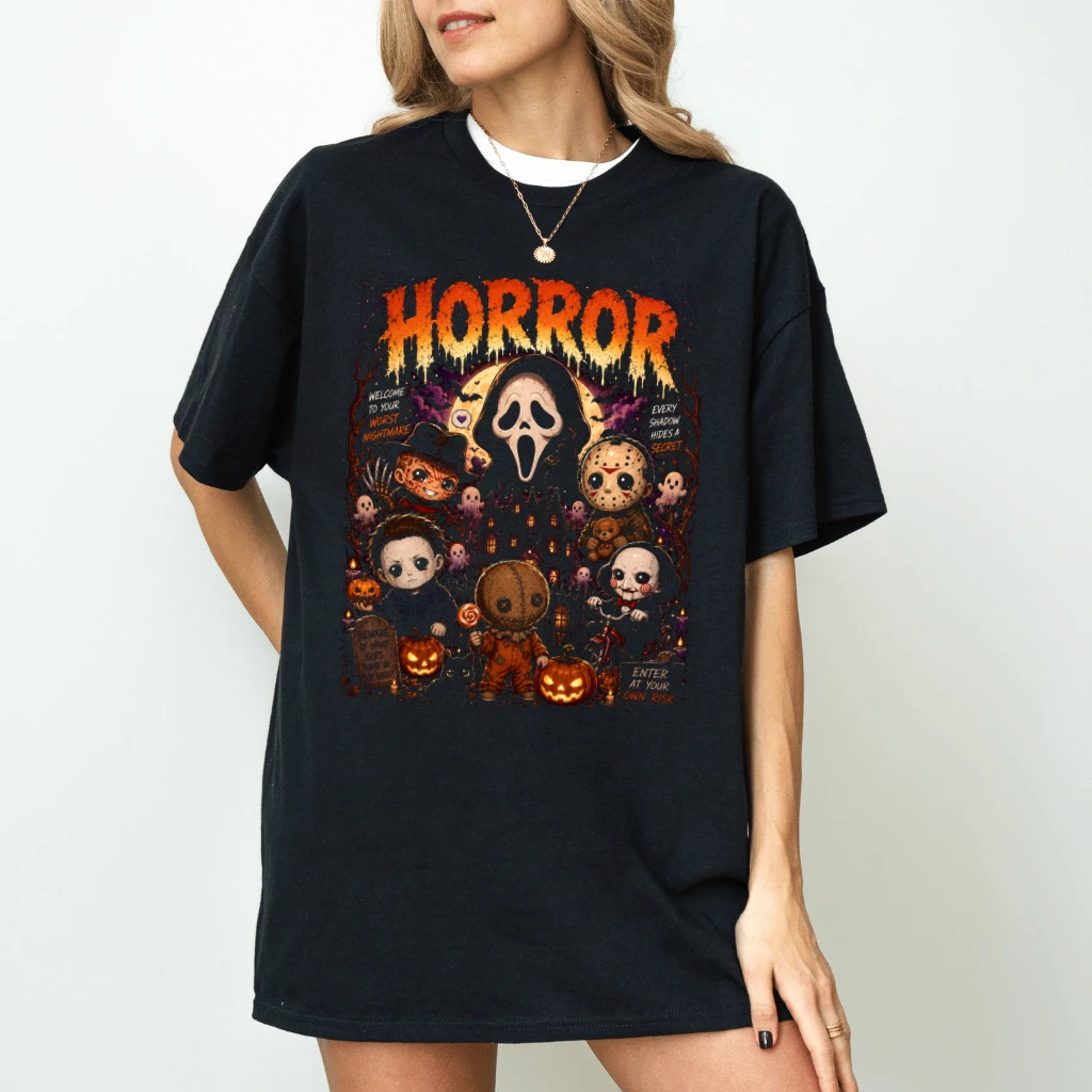 Horror Characters Halloween T-shirt |Cute Spooky Horror Fan Gift for Him & Her - back view
