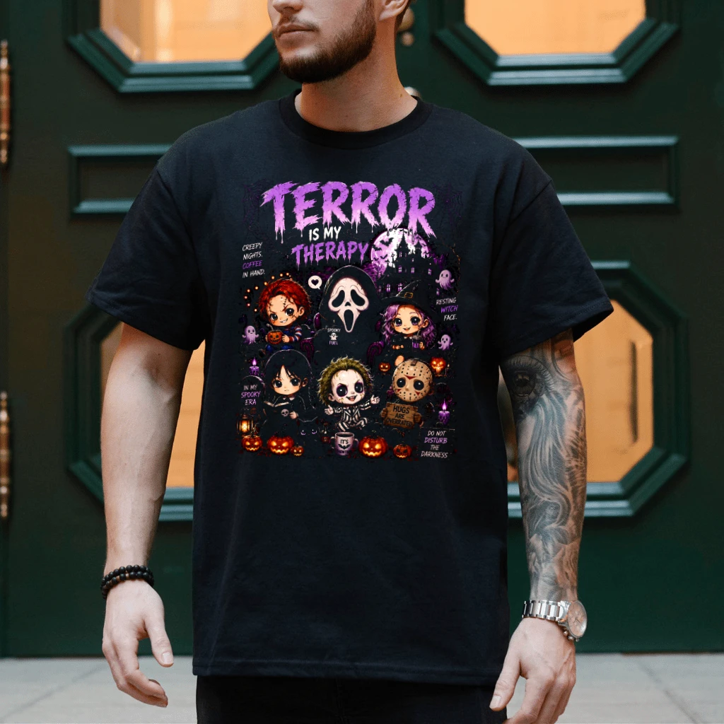 Terror Is My Therapy Halloween T-shirt| Spooky Horror Halloween Gift for Fan - detail view