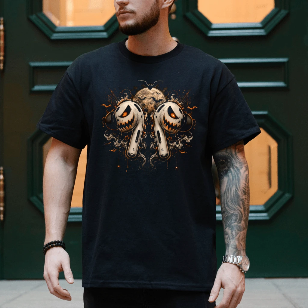 Horror AirPods Wireless Halloween T-shirt| Funny Halloween Gift for Music Lovers - detail view