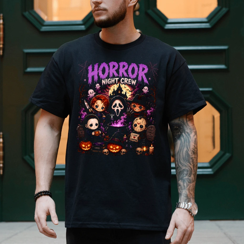 Horror Night Crew Halloween T-shirt | Spooky Horror Movie Fan Gift for men & women - detail view