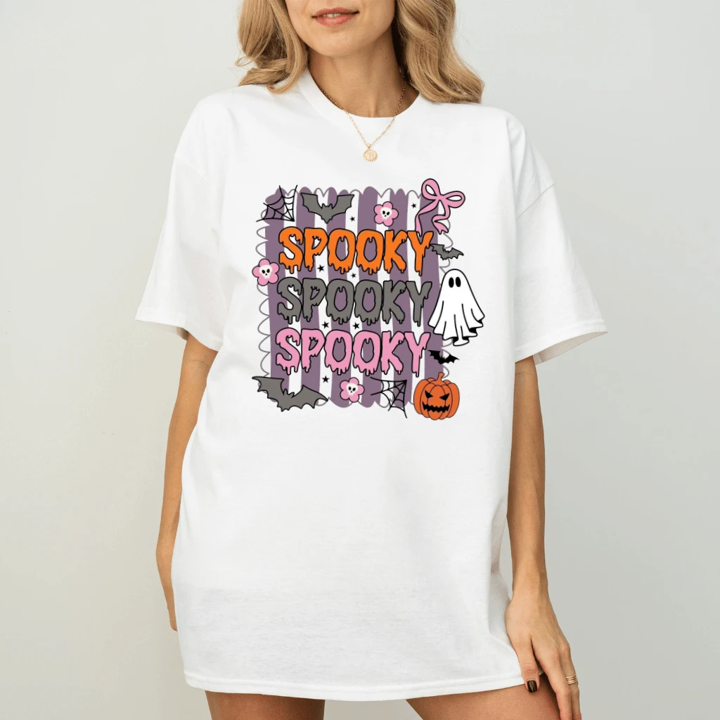 Cute Preppy Stripes Spooky Halloween T-shirt| Funny Halloween Ghost Gift for Her - back view