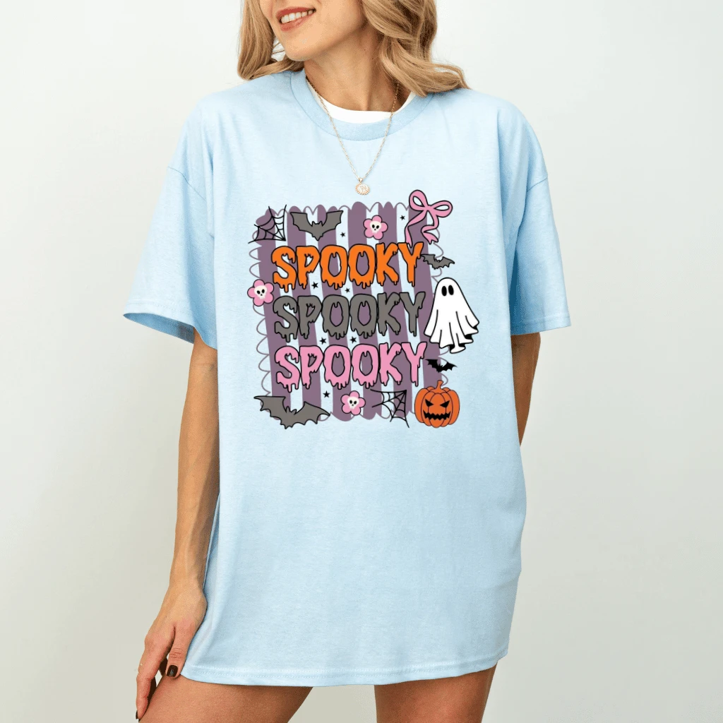 Cute Preppy Stripes Spooky Halloween T-shirt| Funny Halloween Ghost Gift for Her - detail view