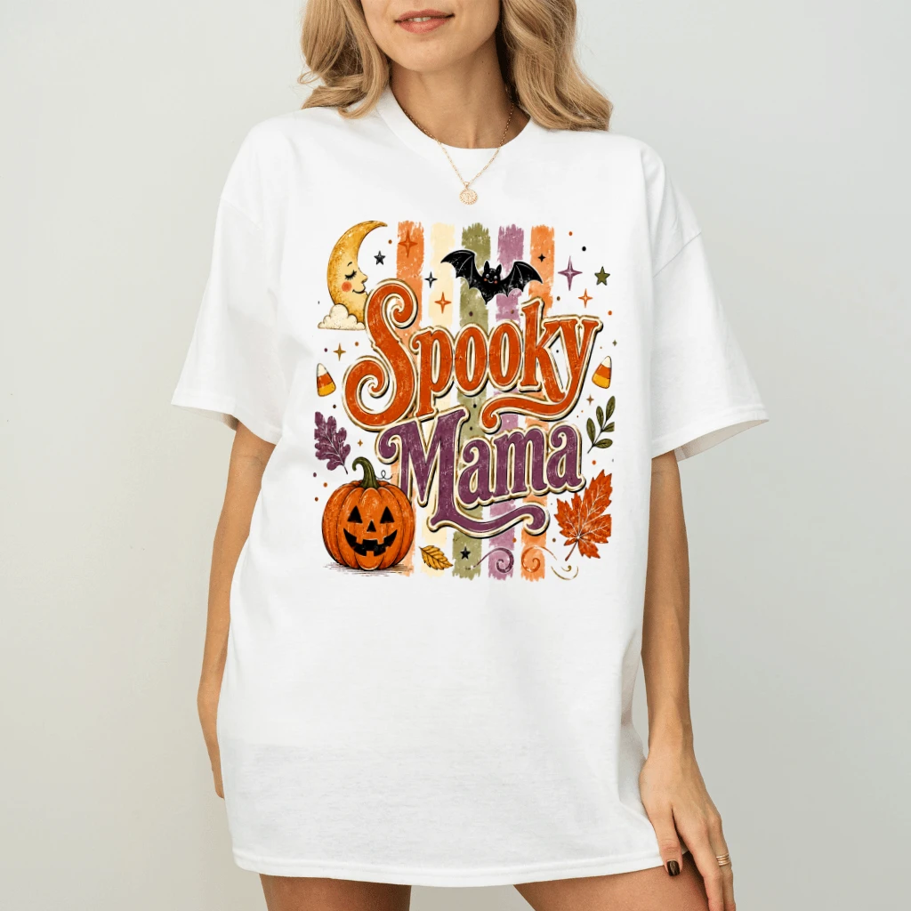 Preppy Spooky Mama Halloween T-shirt for women| Cozy Spooky Vibes Gift for Halloween - back view