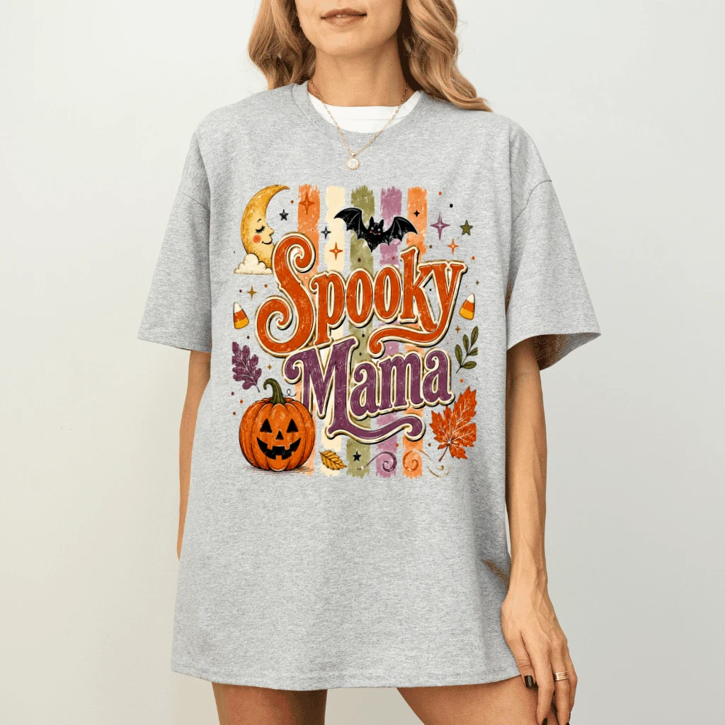 Preppy Spooky Mama Halloween T-shirt for women| Cozy Spooky Vibes Gift for Halloween - detail view