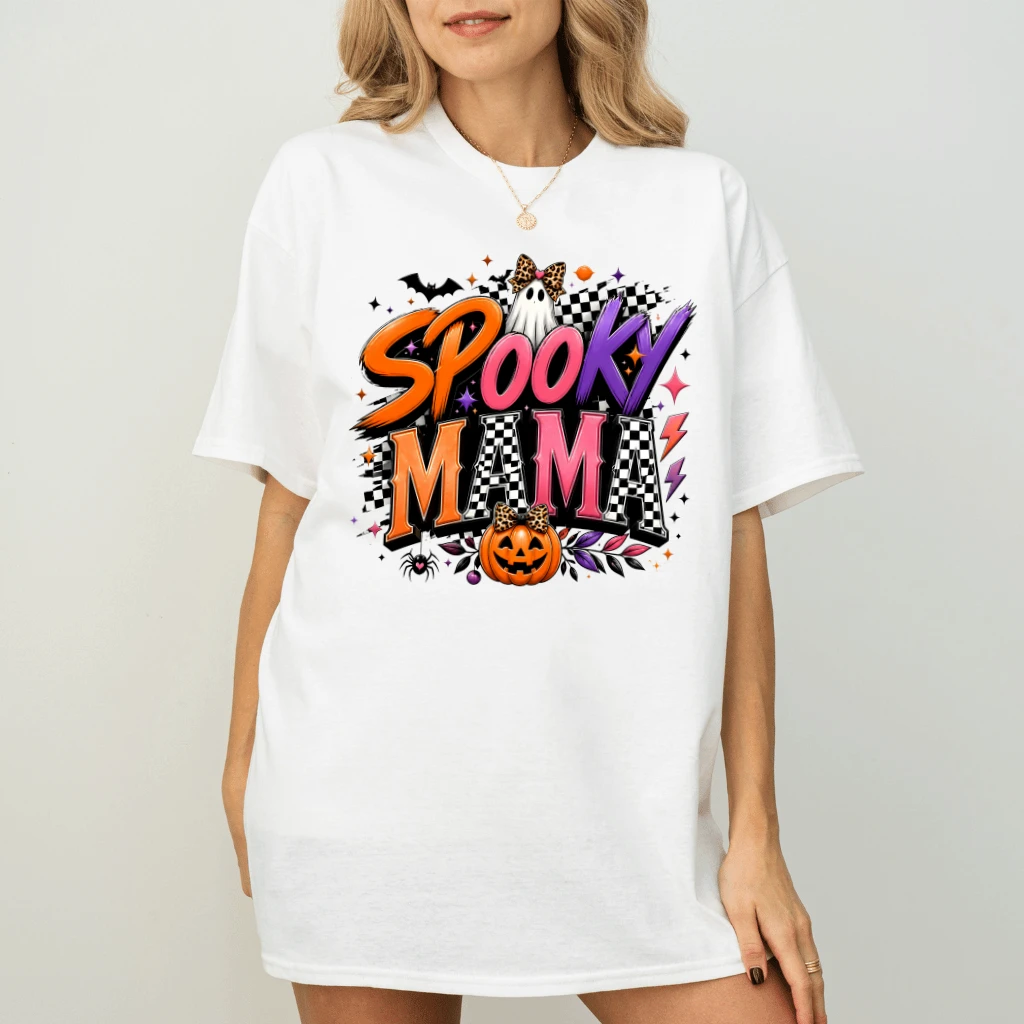 Trendy Coquette Fall Spooky Mama Halloween T-shirt| Cute Ghost Pumpkin Gift for Her - back view