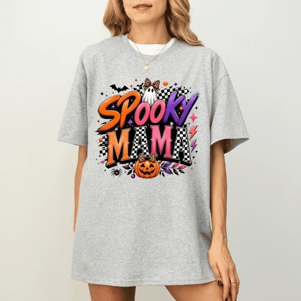 Trendy Coquette Fall Spooky Mama Halloween T-shirt| Cute Ghost Pumpkin Gift for Her - detail view
