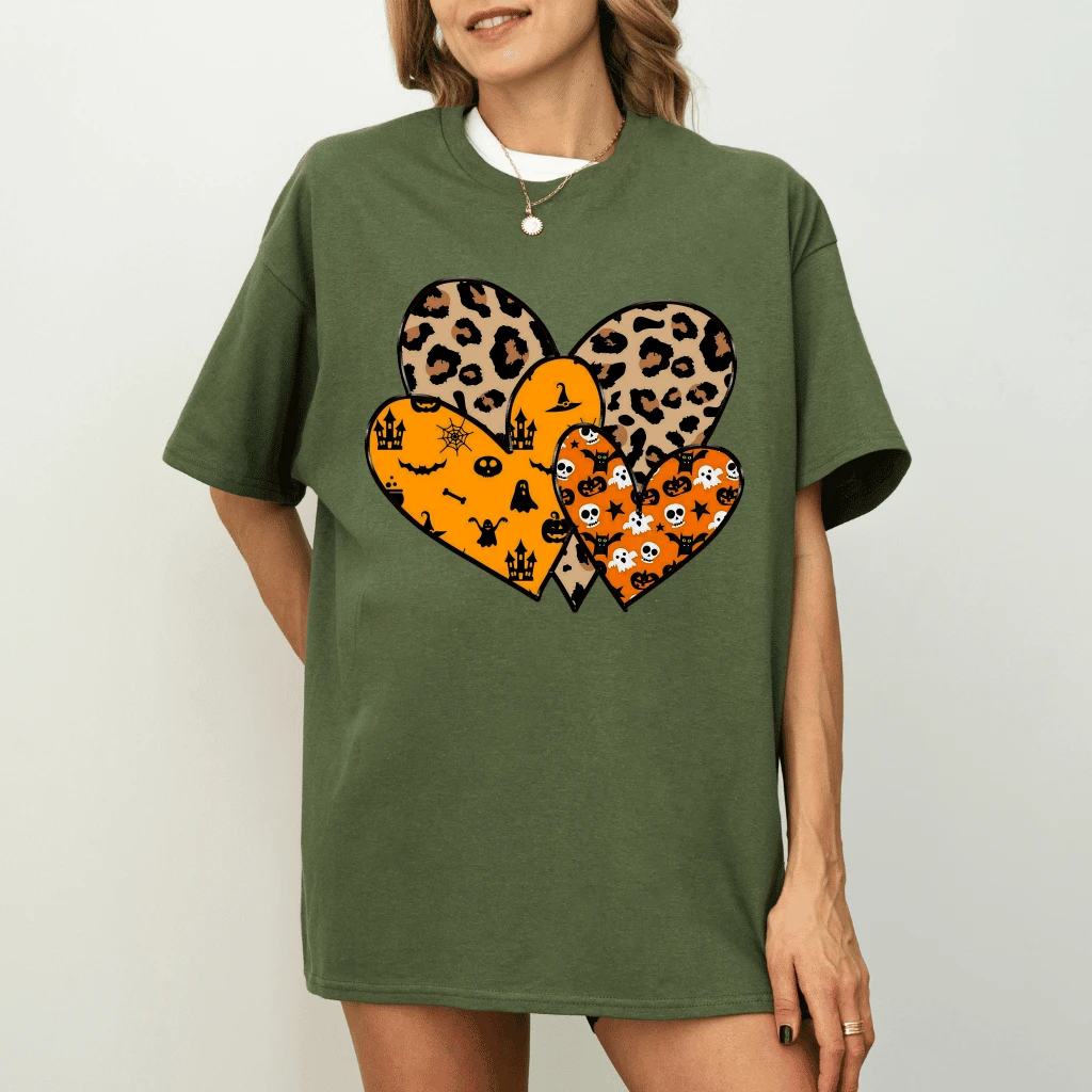 Halloween Leopard Heart T-shirt| Cute Spooky Season Gift for Women - detail view