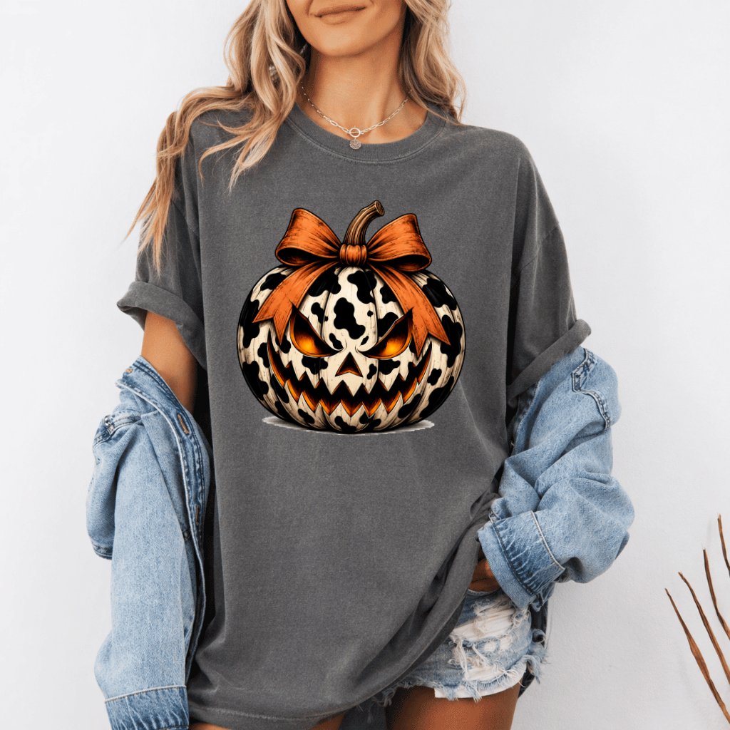 Comfort Colors Scary Milky Pumpkin with Coquette Bow Funny Halloween Shirt| Halloween Pumpkin Gift for Her - back view