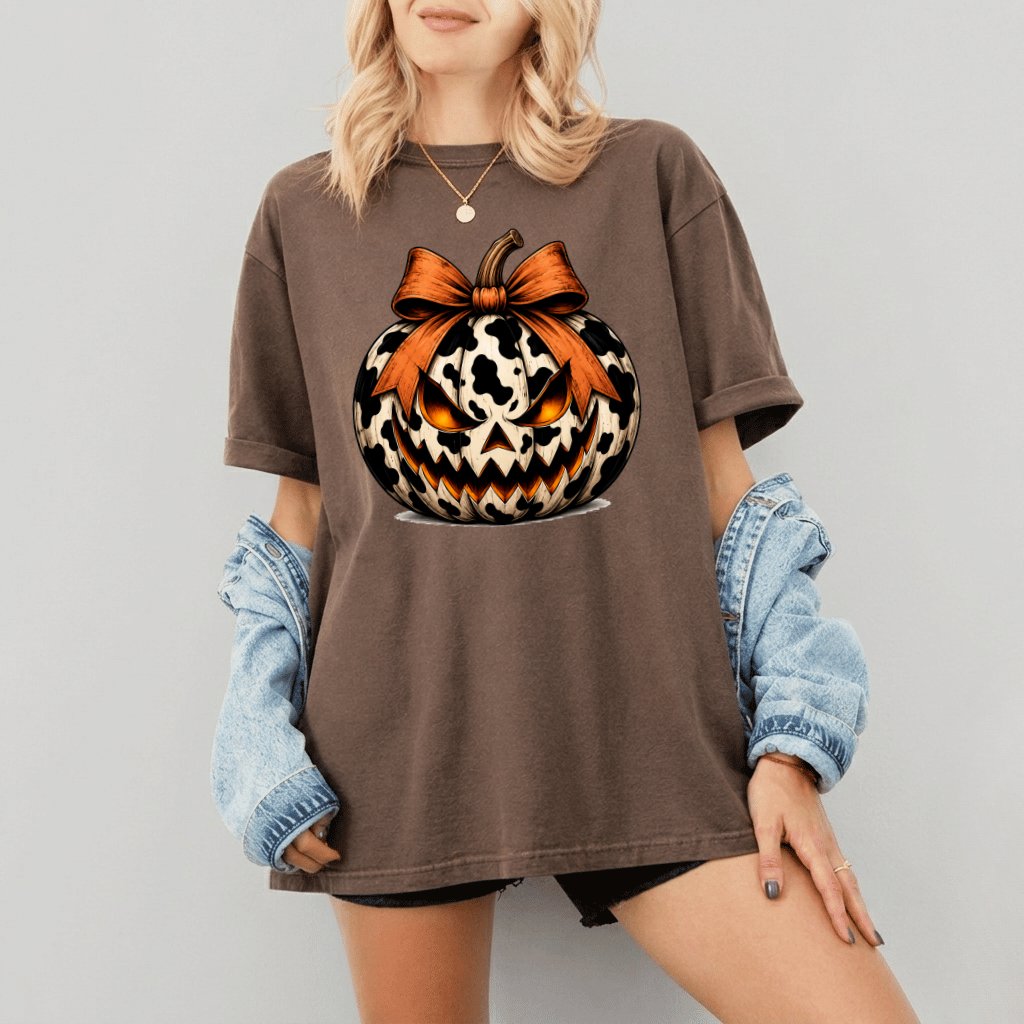 Comfort Colors Scary Milky Pumpkin with Coquette Bow Funny Halloween Shirt| Halloween Pumpkin Gift for Her - detail view