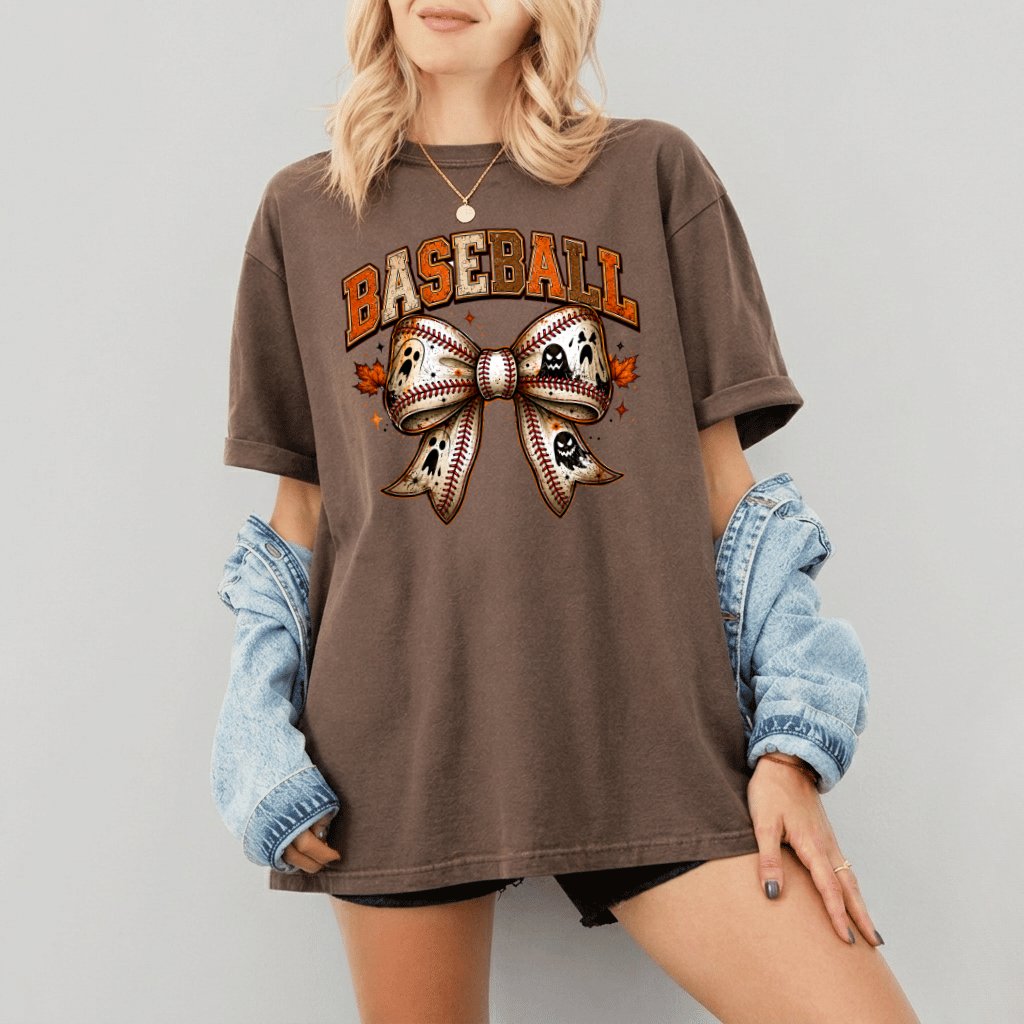 Comfort Colors Retro Baseball Halloween Coquette Bow Shirt| Spooky Halloween Gift for Baseball Lovers - back view
