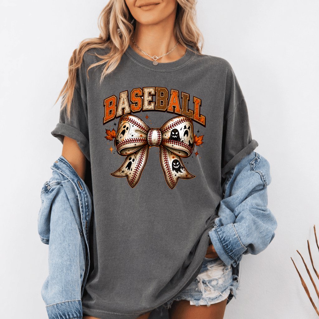 Comfort Colors Retro Baseball Halloween Coquette Bow Shirt| Spooky Halloween Gift for Baseball Lovers - detail view