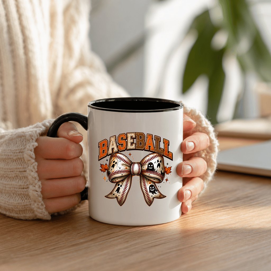 Retro Baseball Halloween Coquette Bow Accent Mug| Spooky Halloween Gift for Baseball Lovers - back view