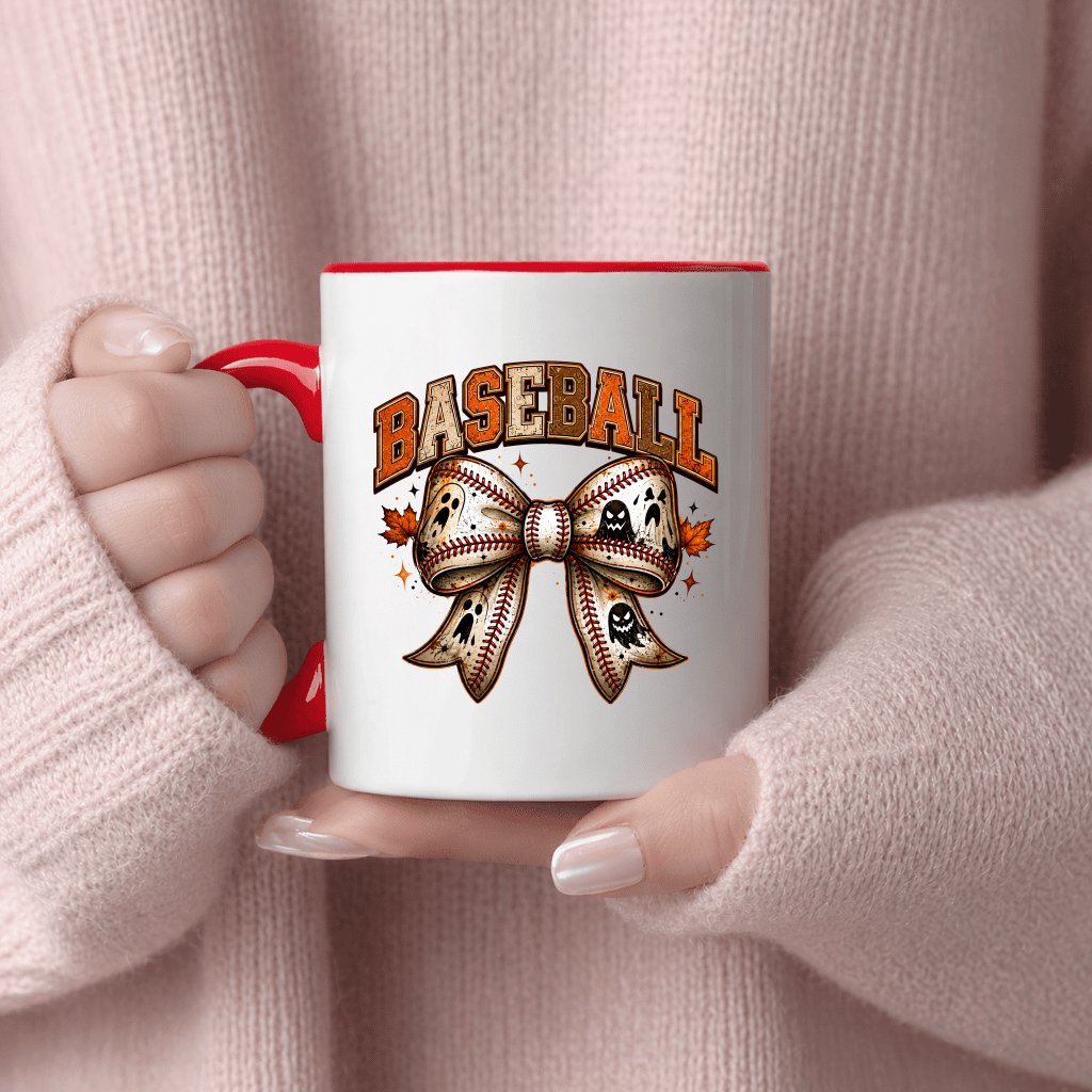 Retro Baseball Halloween Coquette Bow Accent Mug| Spooky Halloween Gift for Baseball Lovers - detail view