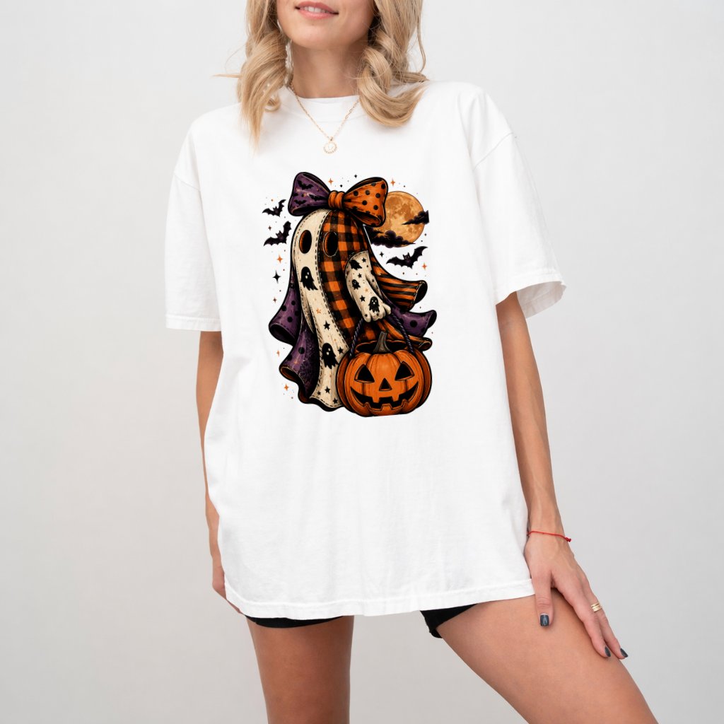 Comfort Colors Halloween Boo Shirt for Women| Cute Girly Halloween Ghost Pumpkin Lantern Gift Streetwear - detail view