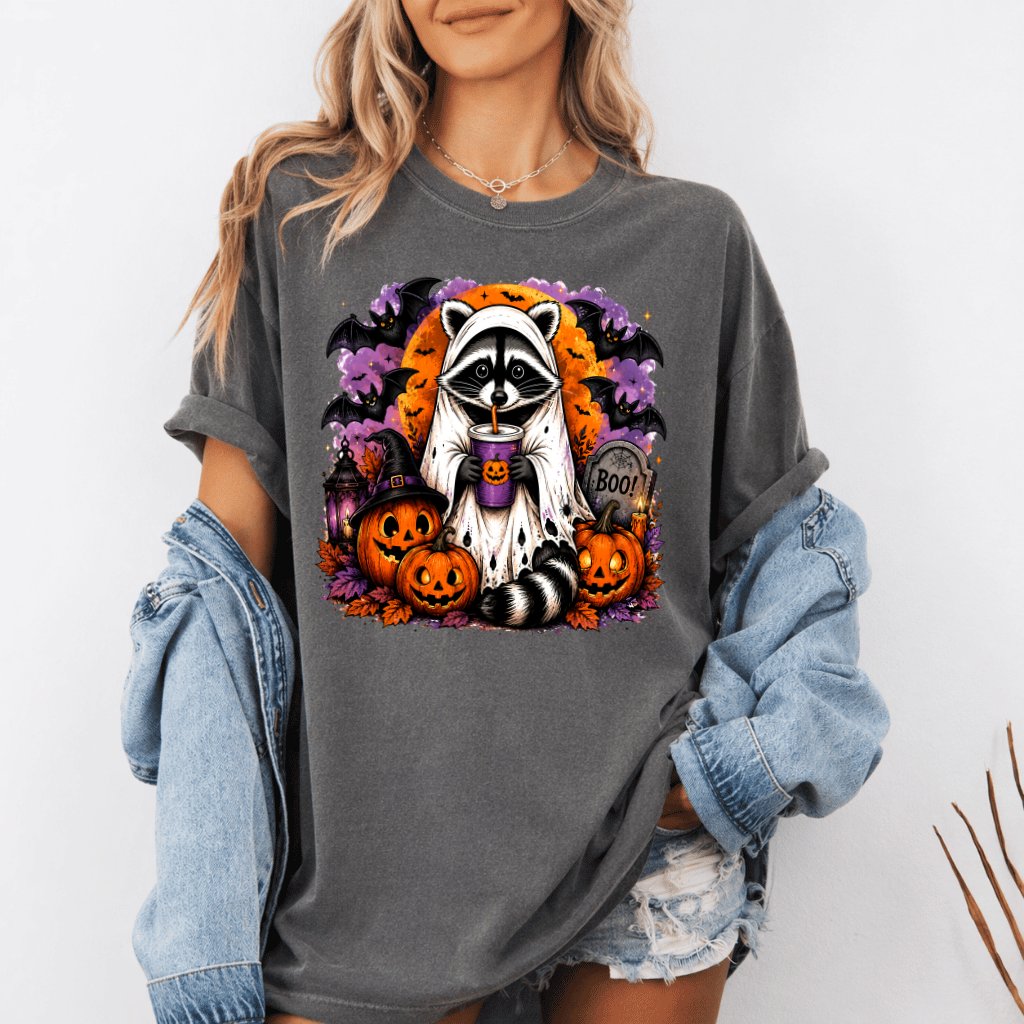 Comfort Colors Funny Pumpkin Halloween Raccoon Shirt| Spooky Boo Raccoon Halloween Gift for Her - back view