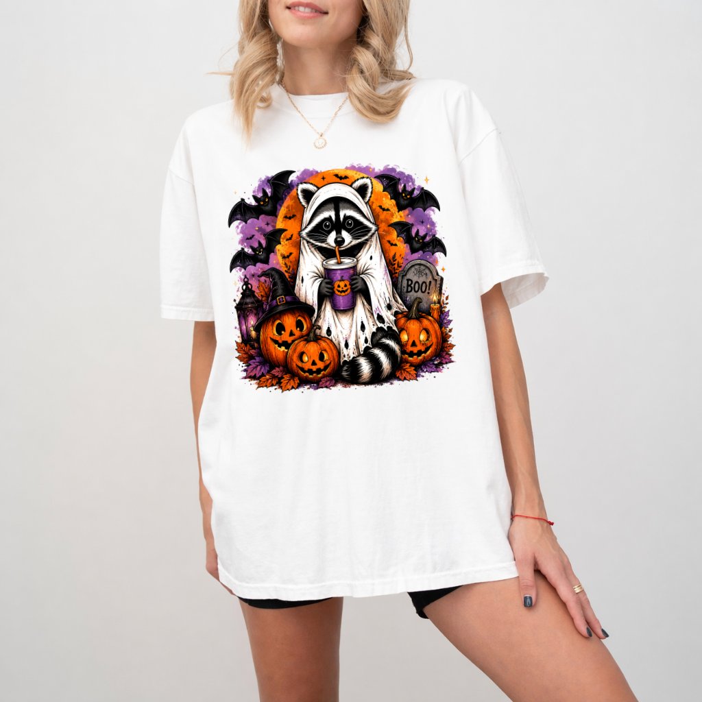Comfort Colors Funny Pumpkin Halloween Raccoon Shirt| Spooky Boo Raccoon Halloween Gift for Her - detail view