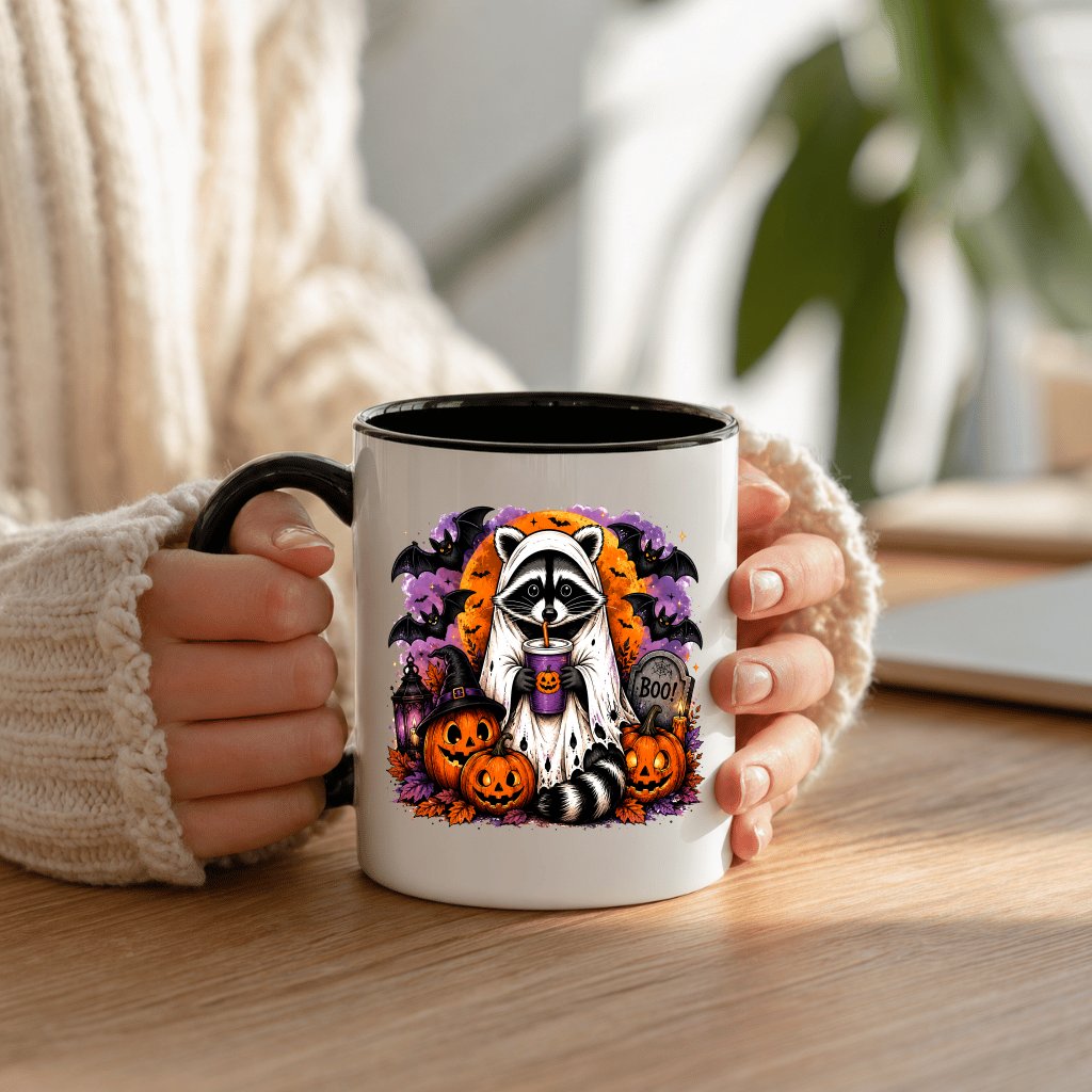 Funny Pumpkin Halloween Raccoon Accent Mug| Spooky Boo Raccoon Halloween Gift for Her - back view