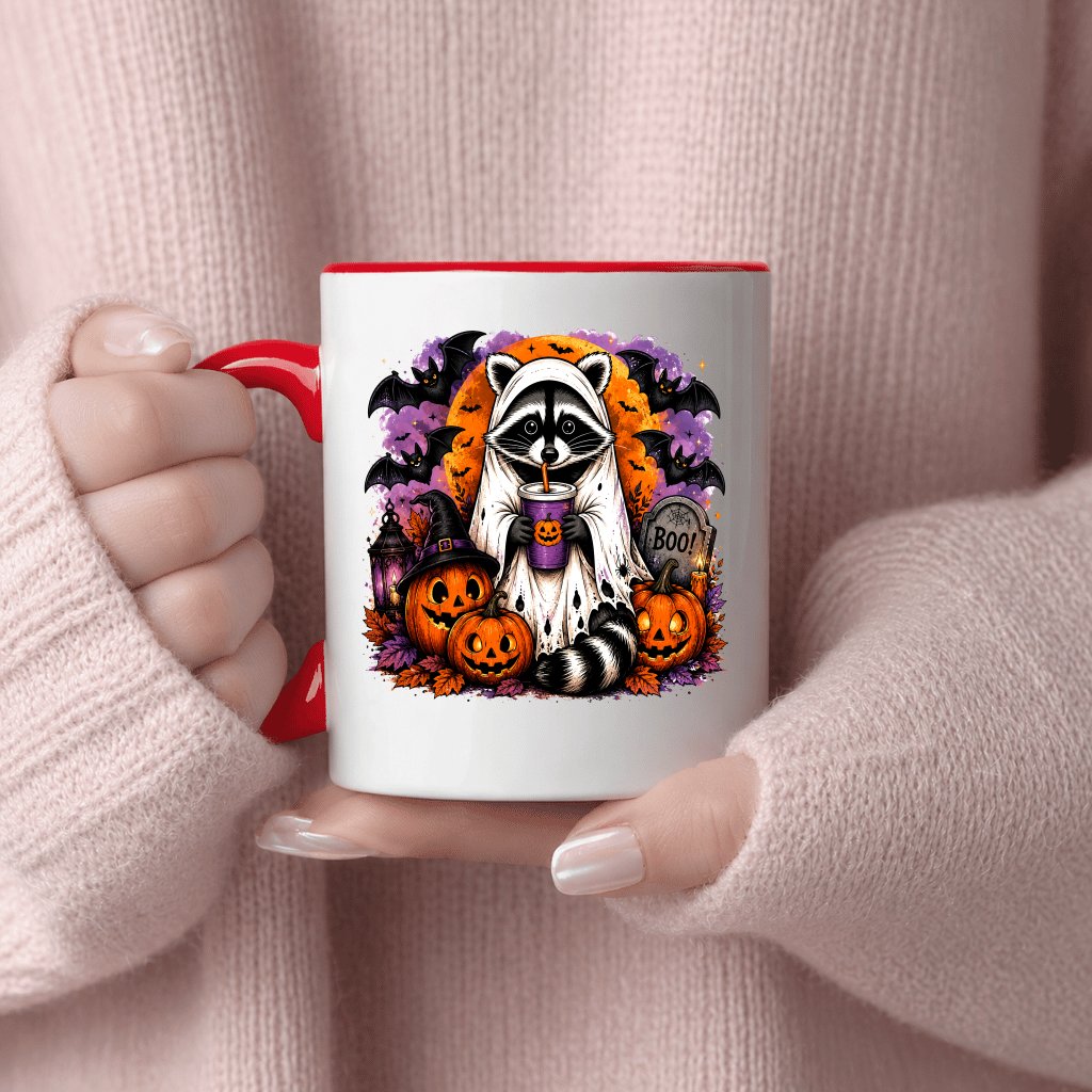 Funny Pumpkin Halloween Raccoon Accent Mug| Spooky Boo Raccoon Halloween Gift for Her - detail view