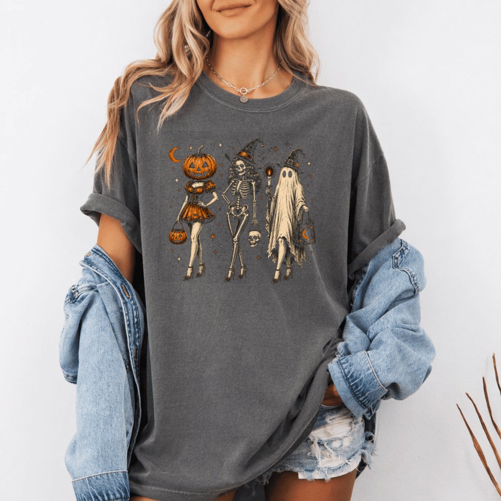 Comfort Colors Halloween Spooky Girl Squad Witchy Fall Shirt| Retro Skeleton Ghost Pumpkin Gift for Halloween - detail view