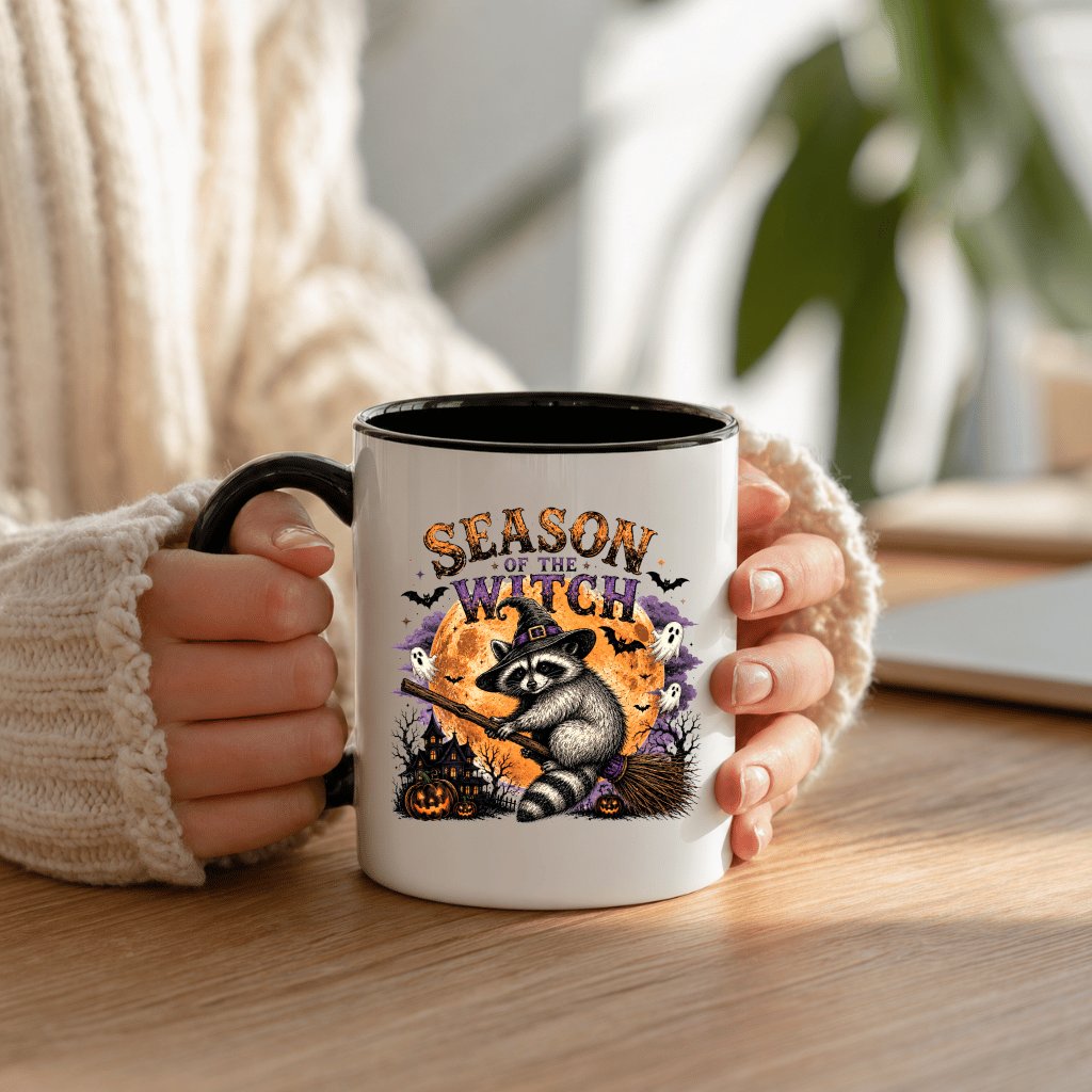 Retro Season Of The Witch Halloween Raccoon Accent Mug| Funny Halloween Gift for Her - back view